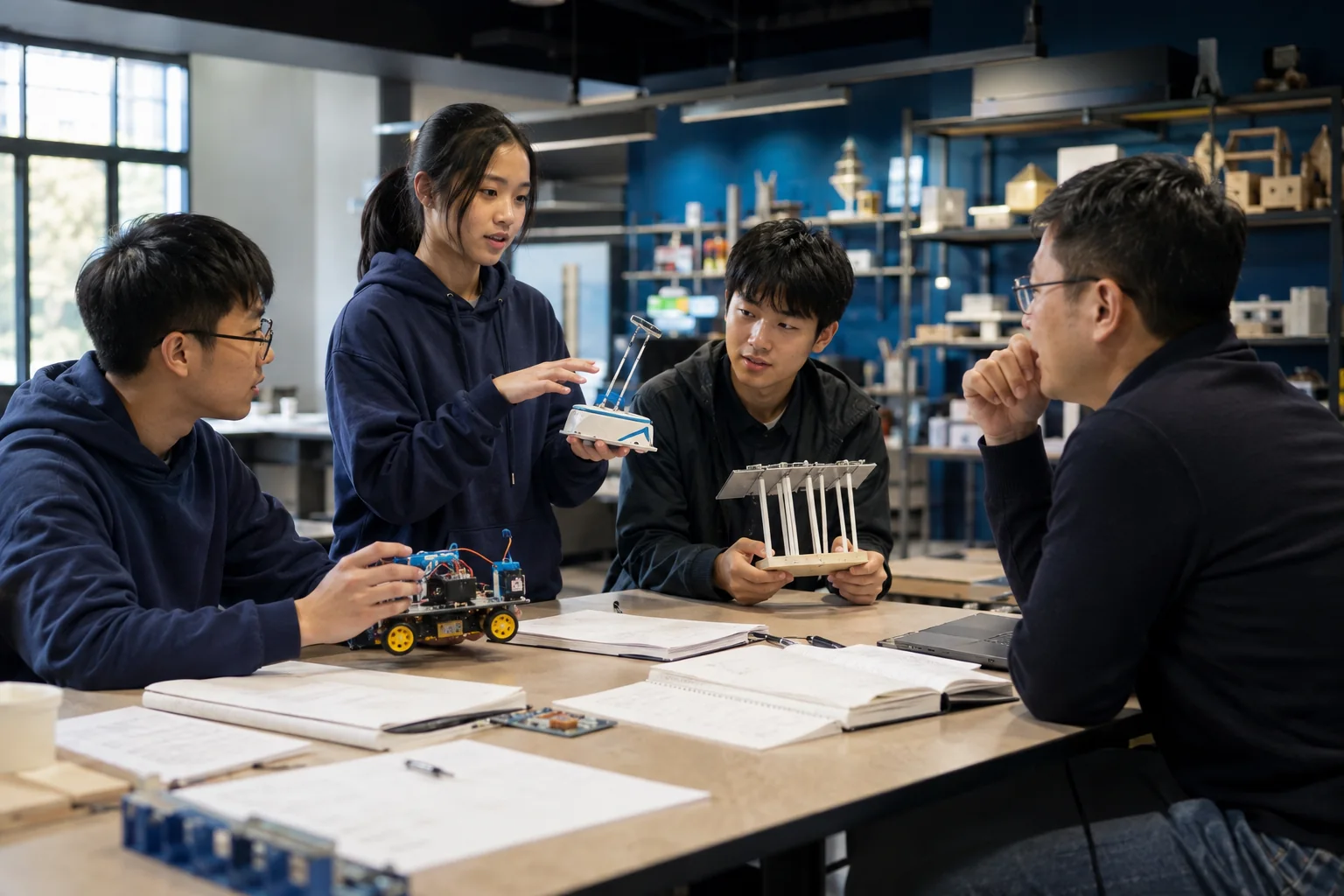 科创学习场景示意:学生讨论与展示项目